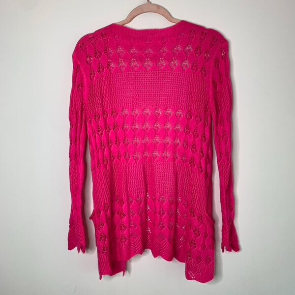 Women's Pink Crochet Knit Cardigan Sweater Pink Open front Boho Chic - Picture 4 of 10